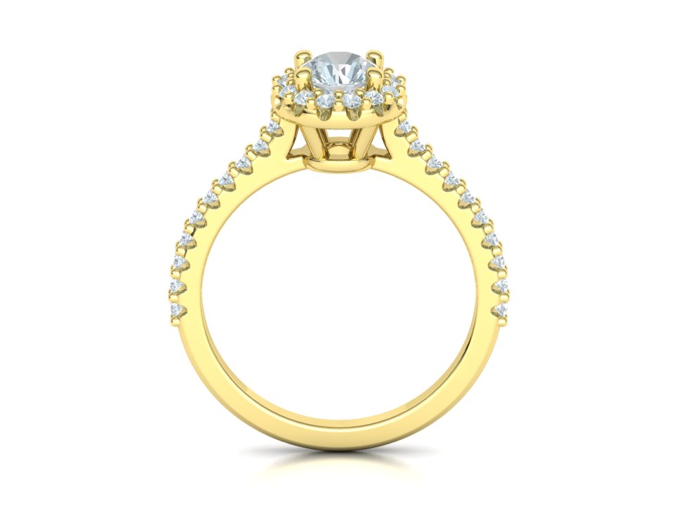 Anel Ouro Amarelo 18k Halo com Zircônias Redondas e Aro Cravejado